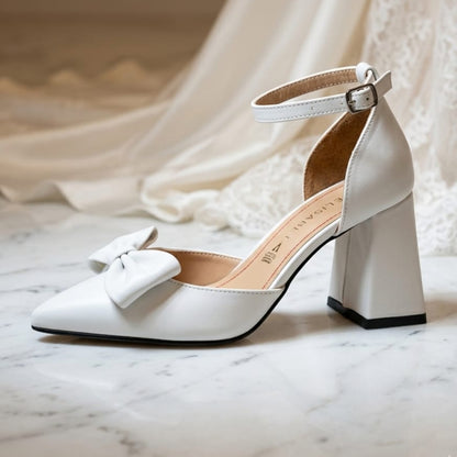 White block heel wedding shoes suitable for garden or outdoor weddings in Lebanon, featuring a secure ankle strap