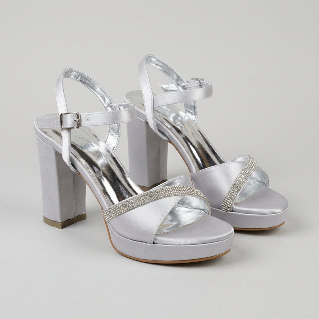 10 cm Silver Satin Block Heel Sandals SESX