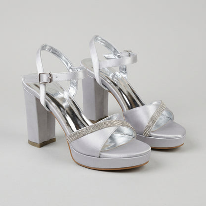 10 cm Silver Satin Block Heel Sandals SESX