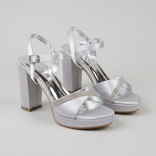 10 cm Silver Satin Block Heel Sandals SESX