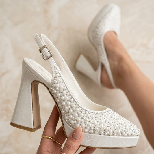 ​Pearl-embellished platform bridal shoe with block heel from the Wedding and Bridal Shoes Collection by White Lily Brides, Beirut Lebanon.