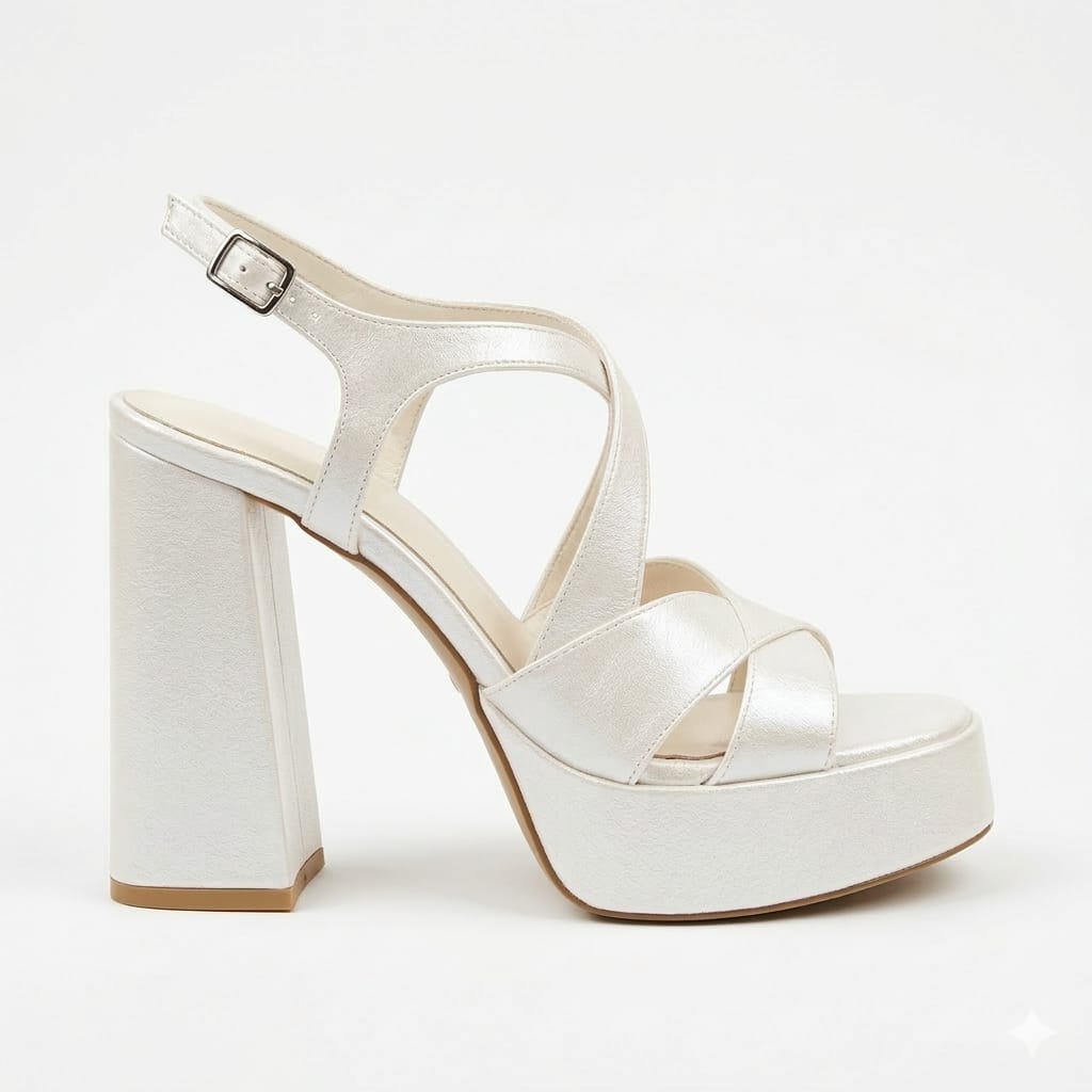 12cm pearl white platform bridal sandals with a high block heel, crisscross straps, and adjustable ankle buckle, designed for weddings in Beirut, Lebanon.