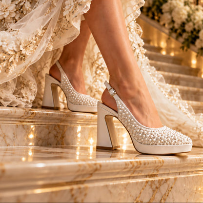 A close-up of a Bride wearing pearl white high-heeled slingback shoes embellished with pearls, standing on a marble staircase in a grand hall with chandeliers and floral railings.