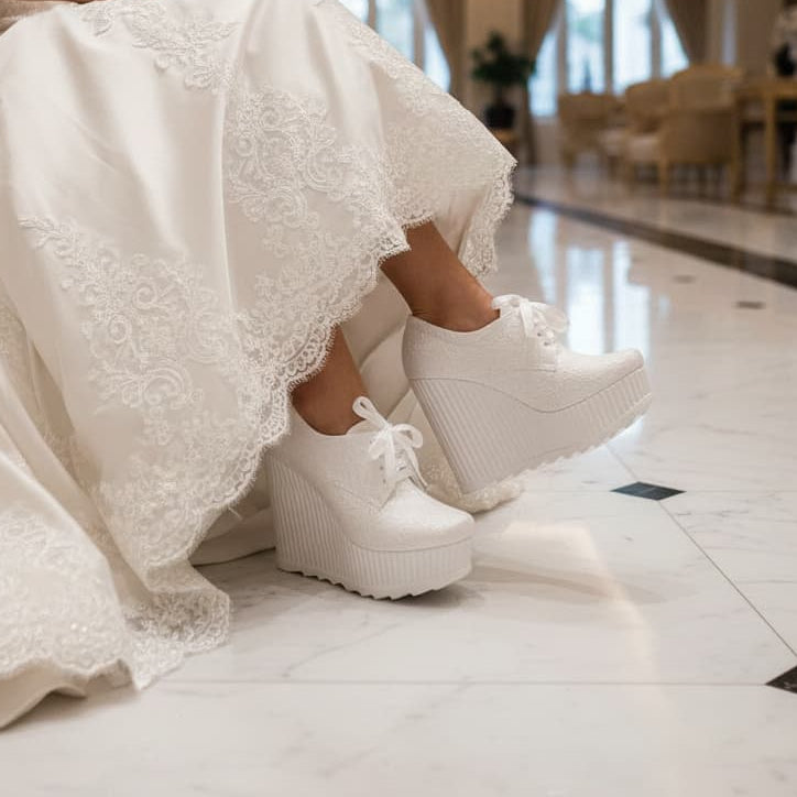 Bride wearing a white lace wedding dress and platform Bridal shoes in an elegant indoor setting. in Beirut