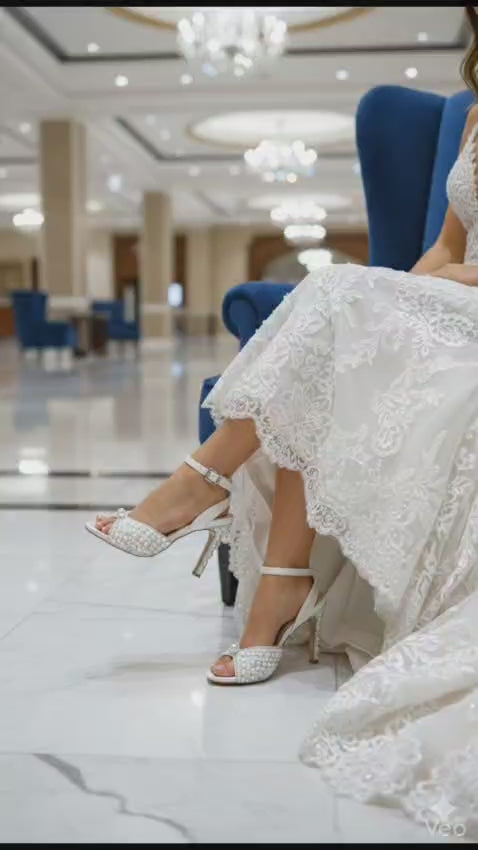 Close-up of pearl-encrusted stiletto heel and white Pearl  upper for White Lily Brides wedding collection. Beirut Lebanon