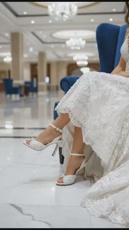 Close-up of pearl-encrusted stiletto heel and white Pearl  upper for White Lily Brides wedding collection. Beirut Lebanon
