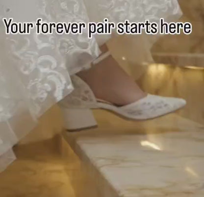 Trendy Bridal wedding Floral Lace Pointed Toe Block Heel  Shoes