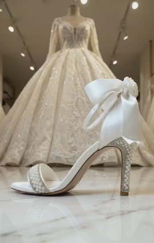 10 cm Bridal Wedding Heels – Pearl Bow Sandals
