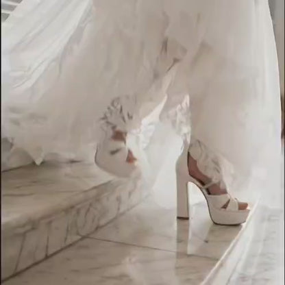 Pearl White bridal platform block heel sandals with crisscross ankle straps for bride in Beirut Lebanon