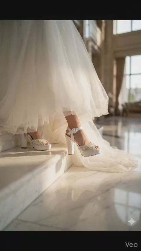Sophisticated matte white high-block-heel bridal platforms, perfect for a luxury destination wedding.