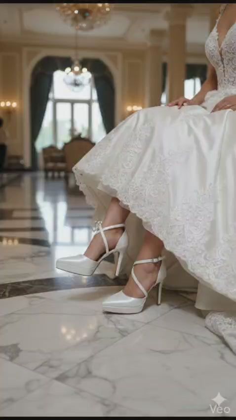 Bridal Pearl White high-heeled shoes worn with a white Wedding dress
