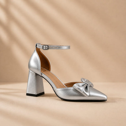 Silver bow block heel bridal shoes for graduations bridesmaids in Beirut Lebanon, featuring pointed toe, ankle strap, and elegant wedding shoe design.