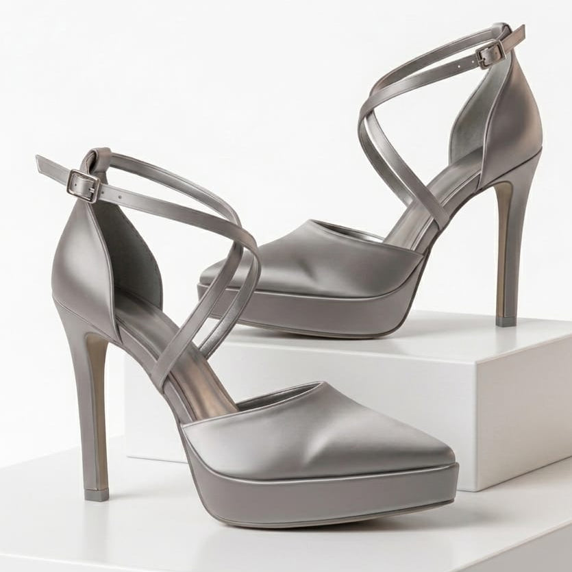 Pair of silver high-heeled shoes on a white platform with a white background
