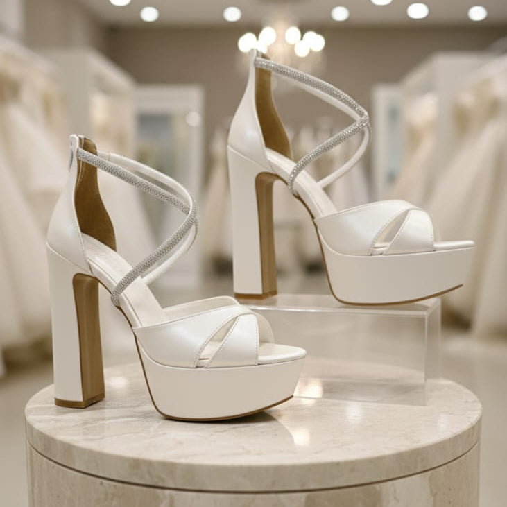 White bridal platform block heel sandals with crisscross ankle straps for bride in Beirut Lebanon
