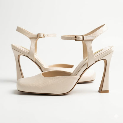 White Lily Brides champagne square-toe pumps with a 10cm to 11cm flared geometric heel, available in Beirut, Lebanon.