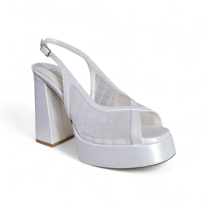 13cm white platform bridal shoes with block heel and mesh detail.