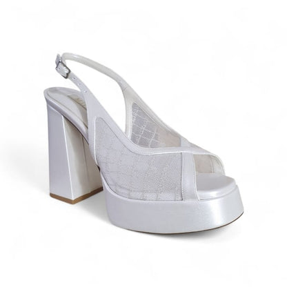 13cm white platform bridal shoes with block heel and mesh detail.