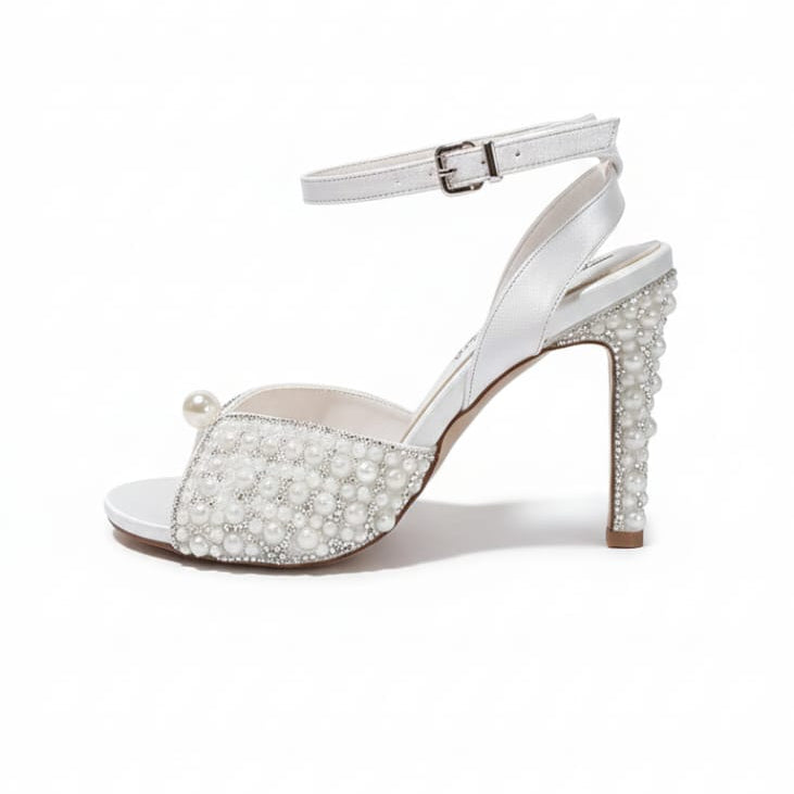 Pearl White ankle-strap heels with pearl detailing luxury bridal footwear