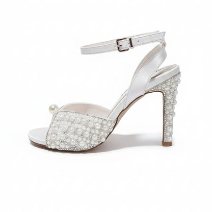 Pearl White ankle-strap heels with pearl detailing luxury bridal footwear