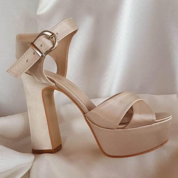 more Comfy in Beirut Champagne Tan  Gold Nude-Color Satin Sandals platform heels Shoes in Beirut by White Lily Brides from 12 cm to 13 cm 