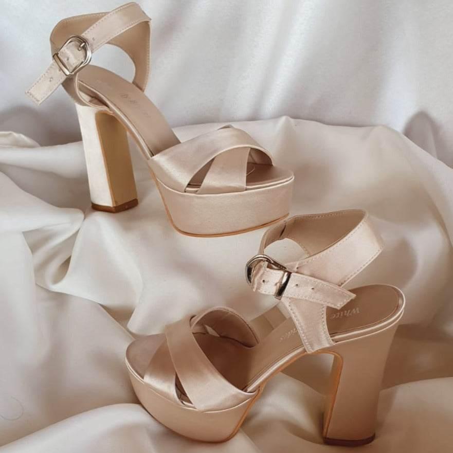 more Comfy in Beirut Champagne  Gold Nude-Color Satin Sandals platform heels Shoes in Beirut by White Lily Brides from 12 cm to 13 cm Rhinestones Robes