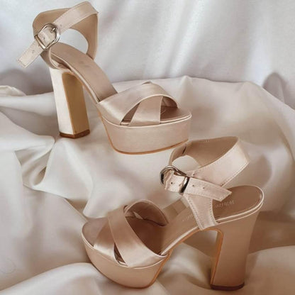 more Comfy in Beirut Champagne  Gold Nude-Color Satin Sandals platform heels Shoes in Beirut by White Lily Brides from 12 cm to 13 cm Rhinestones Robes