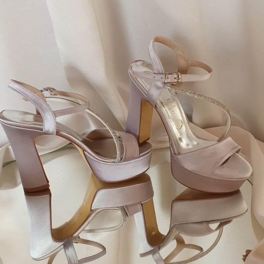 more Comfy in Beirut Silver Satin Sandals platform heels Shoes in Beirut by White Lily Brides from 12 cm to 13 cm